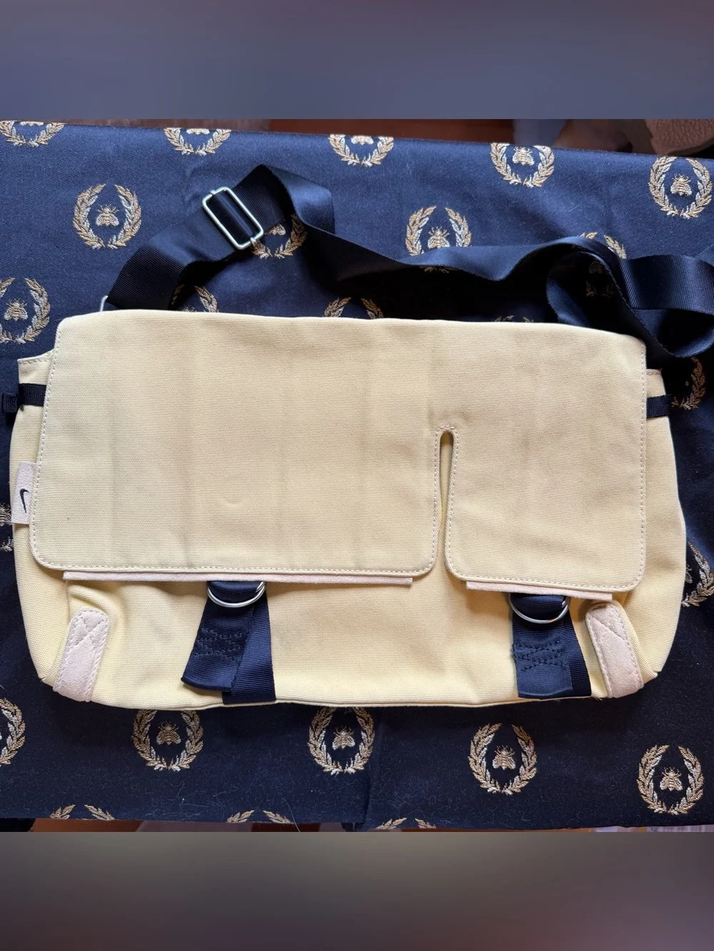Canvas Messenger Bag in Pale Yellow Black Straps